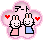 Two pixel-art bunny characters in pink and blue outfits stand inside a pink flower-shaped frame with red hearts, Japanese text above them.