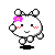 Pixelated white rabbit-like character with pink flower on head, red blush marks, and black feet in four distinct poses against gray background.