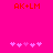 Bright pink background with red 'AK+LM' text at top and two of five light purple pixelated symbols below