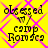 Yellow background with pink diamond pattern, black text reading "obsessed camp Romsea" and a small arrow symbol, animated with visible pixel changes between frames