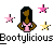Pixel art icon of a woman with long dark hair in a pink top, surrounded by pink and yellow stars on a gray background with 'Bootylicious' text below.