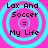 Four identical circular icons with cyan concentric rings on a pink background, each displaying text "Lax And Soccer = My Life" in black pixelated font.