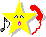 Yellow star-shaped character with blue eyes and pink mouth, holding red telephone receiver and black musical note in four animated states.
