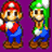 Two pixelated characters stand side-by-side against a solid purple background, one with red cap and blue overalls, the other with green cap and matching attire.