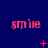 three and three displays the word 'smile' in pink pixelated text on a dark blue background, with animated symbols appearing between frames