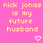 Yellow pixelated text on pink background reads 'nick jonas is my future husband' with white heart symbols, repeated in a pattern