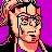 Pixelated 48x48 static icon of a character with peach skin, black hair tied back in a ponytail, and glasses against a solid purple background.