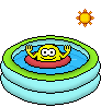 Yellow cartoon character in red inner tube floating in light blue inflatable pool with green rim, under orange sun symbol on gray background.