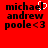Red background with black pixelated text reading "michael andrew poole<3" in three lines, where the 'l' in michael is replaced by a white heart symbol.