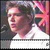 25 identical frames showing a person in a white shirt against a red geometric background with visible text scrolling across the bottom