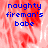 Blue pixelated text 'naughty fireman's babe' on a red and white blurred background with one gray