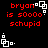 Red text on black background reads 'bryan is 50000 schupid' with white square-based pixel art icons in four corners, two of which animate between frames.