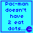 Blue background with pixelated text and a Pac-Man icon, showing four variations of the same phrase