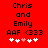 Red background displays text 'Chris and Emily AAF (333' with five heart icons below, where the third heart changes from white to pink between two views.