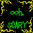Pixelated green text 'och' and 'scary' arranged in a with yellow lightning-like borders on a black background