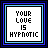 Four square pixel-art icons with blue and black borders display 'YOUR LOVE IS HYPNOTIC' text, where the bottom two have grayed-out 'HYPNOTIC'.