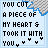 Pixelated blue rectangular icon with torn gray top edge displaying text "YOU CUT A PIECE OF MY HEART & TOOK IT WITH YOU" and heart symbols.