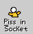 Pixel art character with white head and yellow body in various poses above text reading "Piss in Socket" on gray background.