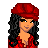 Pixel art of a woman with long black hair wearing red beret, red crop top, and red thigh-high boots; two smaller versions show upper body in same outfit.