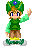 Pixel art contact sheet showing two frames of a character with green headpiece, brown hair, blue eyes, and green outfit waving in different directions against gray background.