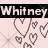 A 48x48 pixel animated buddy icon featuring a black banner with repeated white text "Whitney Whitney" above a light pink background filled with gray heart outlines and starburst patterns.