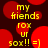 Red circular shapes on dark background with yellow text reading 'my friends', 'rox ur sox!! =]' in pixelated font.