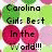 Pixelated image with text 'Carolina Girls Best In the World!!!' over pink circles and green shapes on left, a crescent moon and palm tree on solid pink background right.