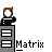 Animated pixel art icon featuring a character with brown hair and black clothing atop gray buildings, displaying text variations like 'Matrix', 'yay!', and 'woah!' across frames.