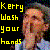 Pixelated image with yellow text reading 'Kerry Wash your hands' on black background and a pixelated person in light blue shirt.