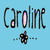 Pixelated icon with 'Caroline' text, a small flower, and a of colorful hearts on black background