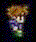 Pixelated cartoon character with brown hair and blue clothing in two poses against black background