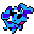 A 4x4 contact sheet of pixel art frames showing a blue cartoon dog with purple spots in various poses and expressions against a gray background.
