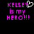 Pixelated text reads 'KELSEY is my HERO!!!' in bright pink on black background with a white heart symbol replacing the 'Y' in 'KELSEY' on the left side.