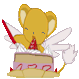 Animated pixel art of a yellow mouse with white wings holding a red wand, standing on a pink and beige platform with white clouds.