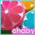 Pixelated fruit slices in pink, orange, and blue with a purple 'chaby' text overlay on the bottom-left frame.