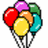 Pixelated cluster of six colorful balloons with black outlines and white highlights, tied together by dark strings against a white background.