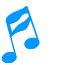 Blue musical notes in various sizes and orientations on a white background with one gray rectangle.
