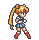 Pixel art of a character with long orange pigtails, blue sailor-style outfit, and red boots in six distinct poses against gray background.