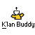Pixelated static icon of a yellow stick figure wearing a white pointed hat with black cross, standing above pixelated text reading "Klan Buddy" on gray background.