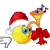 Yellow smiley face wearing red Santa hat with white trim, holding brass trumpet with red bow, blue musical notes floating above, white gloves, gray background.