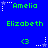 Blue background with green text displaying 'Amelia' and 'Elizabeth' in pixelated font, accompanied by white and blue star icons with dotted lines.