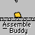 Animated pixel art sequence of a yellow-shirted figure assembling mechanical parts under a hanging tool, with text "Assemble Buddy" below each frame.