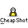 Animated contact sheet of 11 pixel art frames showing a yellow stick figure interacting with another white stick figure against gray background, labeled "Cheap Shot" in text below each frame.
