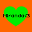 Four green heart-shaped icons with black text "Miranda<3" on an orange background, arranged in a