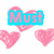Pixelated pink hearts and blue text reading Must be a Blondie on white background with gray corner.