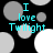 Black background with scattered gray and white circles; cyan text "I love Twilight" centered over the pattern.