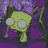 Green cartoon character with large white eyes and a small mouth, shown in multiple poses against purple floral background.