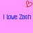 A static pixel art image with a pink background, red heart symbol at top center, and blue text reading "I love Zach" repeated twice horizontally.