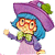 Pixelated cartoon character with blue hair, purple hat, green scarf, and pink dress standing in a walking pose against white background.