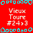 Red background with cyan border elements and repeated white text "Vieux Tour" followed by "#24>3" in a pattern